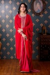 Buy_Abbaran_Pink Viscose Velvet Woven Floral Motifs Notched Straight Kurta Pant Set _Online_at_Aza_Fashions