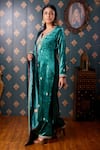 Shop_Abbaran_Green Viscose Velvet Embroidery Dori Notched Floral Kurta Pant Set _Online_at_Aza_Fashions