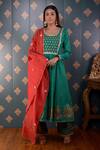 Buy_Abbaran_Green Anarkali Banarasi , Pant Cotton Satin And Dupatta Set _at_Aza_Fashions