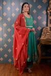 Abbaran_Green Anarkali Banarasi , Pant Cotton Satin And Dupatta Set _Online_at_Aza_Fashions