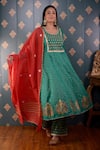 Buy_Abbaran_Green Anarkali Banarasi , Pant Cotton Satin And Dupatta Set _Online_at_Aza_Fashions
