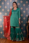 Buy_Abbaran_Green Kurta Banarasi Chanderi Foil Round Sharara Set _Online_at_Aza_Fashions