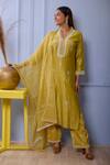 Buy_Abbaran_Green Kurta And Dupatta Chanderipalazzo- Cotton Satin Foil Chanderi Palazzo Set _Online_at_Aza_Fashions