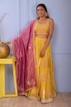 Buy_Abbaran_Yellow Blouse And Lehenga Cotton Silk Dupatta Banarasi Golden Stripe Print Set _at_Aza_Fashions