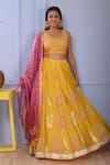 Buy_Abbaran_Yellow Blouse And Lehenga Cotton Silk Dupatta Banarasi Golden Stripe Print Set _Online_at_Aza_Fashions