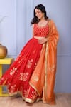 Buy_Abbaran_Red Blouse And Lehenga Cotton Silk Dupatta Banarasi Golden Stripe Print & Set _Online_at_Aza_Fashions