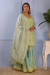Abbaran_Green Foil , Hand Block Scoop Neck Floral Kurta Gharara Set _Online_at_Aza_Fashions