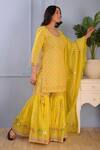 Abbaran_Yellow Foil , Hand Block Scoop Neck Floral Kurta Gharara Set _Online_at_Aza_Fashions