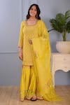 Buy_Abbaran_Yellow Foil , Hand Block Scoop Neck Floral Kurta Gharara Set _Online_at_Aza_Fashions