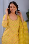 Abbaran_Yellow Foil , Hand Block Scoop Neck Floral Kurta Gharara Set _at_Aza_Fashions