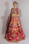 Payal & Zinal_Red Imported Satin Printed Cheetah V Neck Bridal Lehenga Set _Online_at_Aza_Fashions