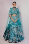 Buy_Payal & Zinal_Blue Imported Satin Printed Floral V Neck Bridal Lehenga Set _at_Aza_Fashions