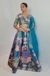 Buy_Payal & Zinal_Blue Organza, Imported Satin Bead, Ocean V Neck Print Lehenga Set_at_Aza_Fashions