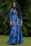 Buy_Payal & Zinal_Blue Imported Satin Printed Floral V Neck Peplum Kurta And Pant Set _at_Aza_Fashions