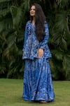 Payal & Zinal_Blue Imported Satin Printed Floral V Neck Peplum Kurta And Pant Set _Online_at_Aza_Fashions