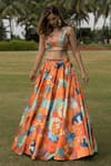 Buy_Payal & Zinal_Orange Imported Satin Printed Floral Square Neck Skirt And Top Set_at_Aza_Fashions