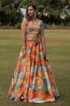 Payal & Zinal_Orange Imported Satin Printed Floral Square Neck Skirt And Top Set_Online_at_Aza_Fashions