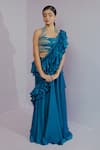 Buy_Payal & Zinal_Blue Bamberg Satin Embroidery Leaf Ruffle Pre-draped Saree With Blouse _at_Aza_Fashions