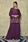 Buy_Samyukta Singhania_Wine Bamberg Silk Embroidered Thread And Flared Tunic With Layered Pant Set _at_Aza_Fashions