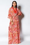 Buy_Rishi and Vibhuti_Red Crepe And Embroidery Floral & Sequin V Neck Kaftan _at_Aza_Fashions