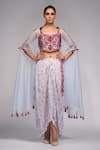 Buy_Shruti S_Grey Dhoti And Crop Top Silk Embroidery Sequin Cape Open & Draped Skirt Set_at_Aza_Fashions
