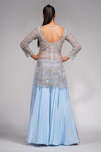 Shop_Shruti S_Blue Kurta And Dupatta Star Net, Sharara  Crepe Floral, Embroidered Set _at_Aza_Fashions