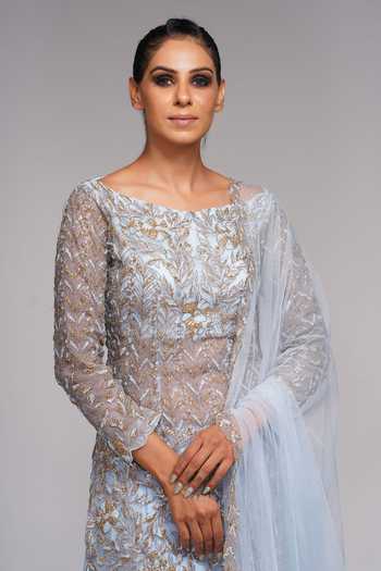 Shop_Shruti S_Blue Kurta And Dupatta Star Net, Sharara  Crepe Floral, Embroidered Set _Online_at_Aza_Fashions