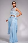 Shruti S_Blue Blouse Silk, Saree Georgette Sequin Round Bell Bottom Pant With _Online_at_Aza_Fashions