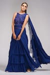 Buy_Shruti S_Blue Saree Georgette Embroidery Sequin Round Ruffle Pre-draped With Blouse _at_Aza_Fashions