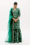 Buy_Sobariko_Green Banarasi Woven Floral Blunt V Neck Kurta Sharara Set  _at_Aza_Fashions