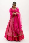 Sobariko_Pink Banarasi Woven Floral V Neck Brocade Flared Lehenga Set _Online_at_Aza_Fashions