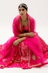 Shop_Sobariko_Pink Banarasi Woven Floral V Neck Brocade Flared Lehenga Set _Online_at_Aza_Fashions