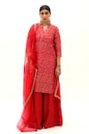 Buy_Sobariko_Red Banarasi Woven Floral V Neck Brocade Kurta Palazzo Set  _at_Aza_Fashions