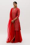 Shop_Sobariko_Red Banarasi Woven Floral V Neck Brocade Kurta Palazzo Set  _at_Aza_Fashions