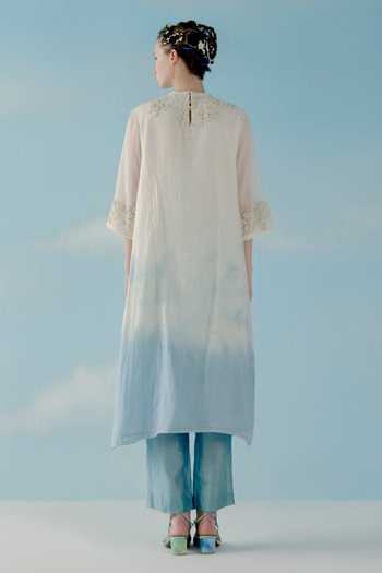 Shop_Ilk_Blue Floral, Bead Round Ombre Kurta _at_Aza_Fashions