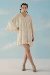 Buy_Ilk_Off White Mul Smocked V Neck Embroidered Dress_at_Aza_Fashions