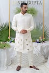 Buy_Runit Gupta_Ivory Chanderi Silk Embellished Palm Tree Amir Sherwani Set  _at_Aza_Fashions