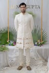 Buy_Runit Gupta_Ivory Chanderi Silk Embellished Elephant Amey Sherwani Set  _Online_at_Aza_Fashions