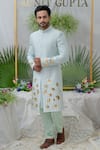 Buy_Runit Gupta_Blue Chanderi Silk Embellished Lotus Aayan Embroidered Sherwani Set  _at_Aza_Fashions