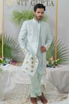 Runit Gupta_Blue Chanderi Silk Embellished Lotus Aayan Embroidered Sherwani Set  _Online_at_Aza_Fashions