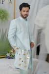 Shop_Runit Gupta_Blue Chanderi Silk Embellished Lotus Aayan Embroidered Sherwani Set  _Online_at_Aza_Fashions