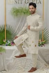 Buy_Runit Gupta_Grey Chanderi Silk Embroidery Khidki Raag Sherwani Set  _at_Aza_Fashions