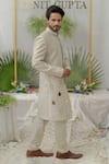 Runit Gupta_Grey Chanderi Silk Embroidery Khidki Raag Sherwani Set  _Online_at_Aza_Fashions