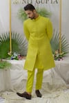 Runit Gupta_Green Cotton Silk Quilted Yuvaan Sherwani Set  _Online_at_Aza_Fashions