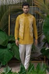 Buy_Runit Gupta_Yellow Cotton Linen Embroidery Bead Bundi  _at_Aza_Fashions