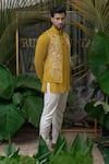 Runit Gupta_Yellow Cotton Linen Embroidery Bead Bundi  _Online_at_Aza_Fashions