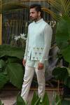 Runit Gupta_Blue Cotton Linen Pearl, Palm Tree Embroidered Bundi _Online_at_Aza_Fashions