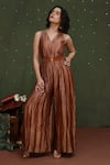 Buy_Chokhi Chorri_Brown Jumpsuit Tissue Silk Plain V Neck Soma _at_Aza_Fashions