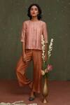 Buy_Chokhi Chorri_Peach Zari Silk Chandra Pleated Top And Pant Set_at_Aza_Fashions