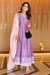 Shop_Leela By A_Purple Pure Chanderi Silk Gota Work, Print V Neck Seher Anarkali With Dupatta_at_Aza_Fashions